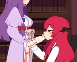 2girls animated bad_source balls bar_censor bat_wings black_vest blue_bow blush bookshelf bouncing_breasts bow breasts censored clothes_lift collared_shirt commentary_request dress dress_lift erection eyelashes fellatio female from_side futa_with_female futanari hairbow handjob head_wings indoors intersex koakuma large_breasts long_hair long_sleeves low-tied_long_hair multiple_girls necktie open_mouth oral patchouli_knowledge penis profile purple_dress purple_hair red_bow red_eyes red_hair red_necktie shinoda404 shirt sidelocks slit_pupils standing straight_hair striped_clothes striped_dress sweatdrop testicles touhou vertical-striped_clothes vertical-striped_dress vest white_shirt wings