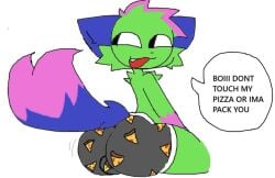 balls balls_bulge big_ass boxers dont_touch_my_pizza_guy green_fur kevin_(nyanwolf) looking_back male nyanwolf pizza sitting smug_face text_bubble underwear