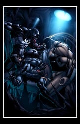 3boys abs anal_penetration anal_sex bane batman batman_(series) bottomless bruce_wayne cape cowl crossover cum_in_ass dc_comics erection gay gojira holding_penis legs_held_open licking_penis long_tongue male male_only marvel muscular_male oral_sex pants_removed pecs penis_size_difference ripped_clothes ripped_pants spider-man_(series) spread_legs straight_hair venom venom_(marvel) yaoi