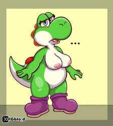 absurd_res anthro big_nose blue_eyes boots breasts clothing dinosaur esmeralda_(gbtod) female footwear genitals goombato_dibujos green_body green_yoshi hi_res mario_bros nintendo prehistoric_species pussy reptile scalie shoes simple_background solo tail vulva yoshi yoshi_(character)