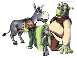 1girls 2boys 2d anal anal_penetration anal_sex anus ass bottomless clothed cum cum_in_ass cum_in_mouth cum_on_pussy donkey donkey_(shrek) dreamworks equine fellatio fur green-skinned_female green_skin group_sex mammal ogre ogress_fiona oral partially_clothed penis princess_fiona princess_fiona_(ogre) pussy shrek shrek_(film) shrek_(series) spitroast straight tagme threesome zoophilia