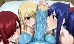 1boy 1girls 3girls ai_generated balls big_cock big_penis blonde_hair blue_hair erza_scarlet fairy_tail female foursome happy_(fairy_tail) huge_cock interspecies jakonikonthesecond licking_balls licking_penis lucy_heartfilia male male_pov partial_male penis pov red_hair size_difference small_but_hung small_dom_big_sub smaller_male smegma teamwork testicles wendy_marvell