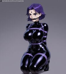 1girls ai_generated arms_behind_back big_breasts bondage bondage corset dc_comics female female female_focus grey_skin latex on_knees purple_hair raven_(dc) rope rope_bondage shiny solo solo_female