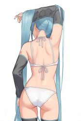 1girls ai_generated aqua_hair ass back_view bikini bra detached_sleeves hatsune_miku long_hair panties solo solo_female thigh_boots twintails very_long_hair vocaloid white_bikini white_bra white_panties
