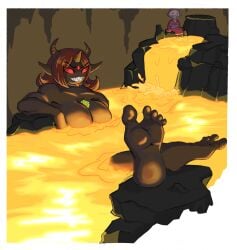3_eyes absurd_res bestia between_breasts big_breasts black_skin breasts cleavage clothed clothed_female clothed_female_nude_female collar commission commissioner_upload completely_nude cookie cookie_run cookie_run_kingdom cookie_run_ovenbreak crossover demon demon_girl demon_horns feet feet_focus feet_in_lava feet_on_rock female female_only food_creature green_hair heart_collar horns kemono lava lava_bath lavafall lime lime_cookie naked naked_female nude nude_female one_piece pink_hair png pout pouting red_hair red_pupils resting resting_arm sharp_teeth smile smiling the_beast_(the_binding_of_isaac) the_binding_of_isaac toes toko_(one_piece)