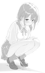 ankle_socks blush closed_mouth collared_shirt commentary_request embarrassed female full_body greyscale highres loafers long_hair long_sleeves minase_shuu miniskirt monochrome neck_ribbon original pee_puddle peeing peeing_on_floor pleated_skirt raised_inner_eyebrows ribbon school_uniform shirt shirt_tucked_in shoes skirt socks solo squatting twintails urine wing_collar