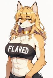 abs ai_generated anthro_female anthro_wolf blonde_hair choker collar countershading crop_top female furry horsed majorfluffy muscle_fur muscles muscular muscular_female muscular_furry tank_top