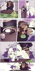 absurd_res anal anal_orgasm anal_sex animal_genitalia animal_penis anthro antlers apron ass big_butt blush bodily_fluids breasts butt_grab canid canine cervine clothed clothing comic container cooking crossdressing cum cum_in_a_cup cum_in_container cum_in_mouth cum_inside cum_while_penetrated cup deer dialogue drinking drinking_cum duo ejaculation english_text female female_penetrating female_penetrating_male femboy fluffy fluffy_tail food fox genital_fluids genitals gloves_(marking) hand_on_butt hands-free hi_res highlights_(coloring) horn knot leg_markings looking_pleasured male male/female male_penetrated mammal markings mirande_(deustchy) multi_tail neck_tuft object_in_ass onomatopoeia orgasm panties pegging penetration penis purple_ears purple_eyes rook_(rookarino4277) sex sex_toy sex_toy_in_ass sex_toy_insertion socks_(marking) sonofan sound_effects speech_bubble strapon tail text tongue tongue_out toying_partner tuft underwear