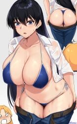 2girls akitsuki_karasu arato_nagi ass bikini black_hair blank_eyes blonde_hair blue_bikini blue_eyes blue_pants blush breasts cleavage clothes_pull collarbone denim dimples_of_venus earrings female highres huge_breasts jeans jewelry long_hair multiple_girls nagi_arato navel open_clothes open_mouth open_shirt pants pants_pull ruri_no_houseki ruri_rocks shirt stomach swimsuit tanigawa_ruri thick_thighs thighs thong thong_bikini undressing wet wet_clothes white_shirt wide_hips