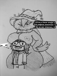 1boy 1girls areolae beard black_body black_hair blush blush_lines blushing chucho_calderon_(lzco) eyelashes fur glasses greyscale gurian_(species) hat hi_res human kinn_krinso meme moustache nipples numinosa pencil_(artwork) scarf size_difference spanish_text tail thick_thighs thighs twitter_user_oc witch_hat youtube_hispanic youtuber