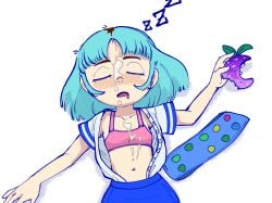 1girls belly belly_button blue_hair blue_skirt closed_eyes cum cum_on_breasts cum_on_face drolling dyed_hair female female female_only hexanne light-skinned_female light_skin onomatopoeia open_mouth open_shirt pink_bra school_uniform schoolgirl sleep sleep_molestation sleep_sex sleeping somnophilia