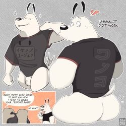 1:1 2025 absurd_res animal_genitalia anthro artist_name ass balls biceps big_biceps big_bulge big_butt big_muscles big_pecs black_nose blush bodily_fluids bottomless bulge butt_shot canid canine canis clothed clothing colored comic comic_panel detailed_bulge dialogue digital_drawing_(artwork) digital_media_(artwork) domestic_dog dudley_puppy duo english_description english_text eyebrows fingers full-length_portrait fur genital_outline genitals heart_symbol hi_res huge_bulge huge_butt huge_muscles humanoid_genitalia japanese_text long_ears male mammal manly multiple_scenes muscles muscular muscular_anthro muscular_male nickelodeon nipples nude open_mouth pecs penis portrait presenting raised_clothing raised_eyebrow raised_shirt raised_tank_top raised_topwear shaded sheath shirt shirt_only signature simple_background smile solo speech_bubble standing sweat t.u.f.f._puppy tail tail_motion tailwag tank_top tank_top_only text thick_thighs topwear topwear_only watermark white_body white_fur yellow_omen