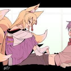 1boy animal_ear_fluff animal_ears blonde_hair erection female footjob footjob_with_footwear fox_ears fox_girl fox_tail from_side green_eyes hakama hakama_skirt highres japanese_clothes male mon-musu_quest! multi_tail no_shoes obi open_mouth penis purple_hakama sash sitting skirt smile solo_focus straight tail tamamo_(mon-musu_quest!) uncensored white_skirt youyueyue
