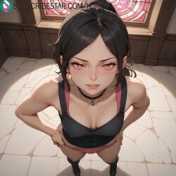 1girls ai_generated artist_name artist_signature ashley_graves bare_arms bare_shoulders black_hair blush boots bra breasts choker collarbone female from_above full_body hi_res high_resolution highres indoors kurutai looking_at_viewer medium_breasts panties parted_bangs parted_lips pink_bra pink_eyes pink_panties ponytail solo standing subscribestar subscribestar_username tank_top the_coffin_of_andy_and_leyley uncensored underwear