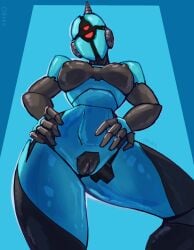 ada_(fallout) android antenna_wire anthro areola armor armor_plates assaultron_(fallout) big_breasts blue_body breastplate breasts faceless fallout female fingers genitals glistening glistening_body grey_body headgear helmet hi_res humanoid looking_at_viewer looking_down looking_down_at_viewer machine metallic_body microsoft not_furry oxtra presenting presenting_vulva pussy red_eyes robot simple_background solo under_boob vulva