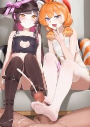 1boy 2girls animal_ears aos black_lingerie blue_eyes blush breasts brown_hair cat_cutout cat_lingerie censored crossover cum cum_on_self ejaculation female ffm_threesome foot_fetish footjob footjob_over_clothes hat high_socks indie_virtual_youtuber indoors kneesocks light-skinned_female light-skinned_male light_skin lingerie lingerie_only looking_at_viewer male male_pov mosaic_censoring oerba_yun_fang open_mouth orange_hair penis petite pov raccoon_ears raccoon_girl raccoon_tail raki_kazuki red_panda_ears red_panda_girl red_panda_tail small_breasts smile socks tail threesome toffee_(vtuber) virtual_youtuber white_lingerie witch witch_hat yellow_eyes