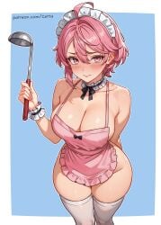 absurdres apron arm_behind_back blue_background blush breasts closed_mouth dandadan embarrassed english_commentary female highres holding holding_ladle ladle large_breasts looking_at_viewer naked_apron patreon_username pink_eyes pink_hair reus_(cetta) shiratori_aira_(dandadan) short_hair solo thighhighs white_thighhighs