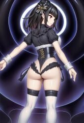 1girls ai_generated ass ass black_hair closed_mouth clothing demon demon_girl duel_monster female fringe fringe_hair hi_res legwear leotard looking_at_another rear_view red_eyes ribbon serious solo thighs underworld_goddess_of_the_closed_world yin_fu_hexian yu-gi-oh!