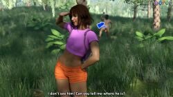 1boy 1girls 3d 3d_(artwork) 3d_render backpack balaclava big_penis breaking_the_fourth_wall brown_hair crop_top daz3d daz_studio dora_and_the_lost_city_of_gold dora_marquez dora_the_explorer female fourth_wall fourth_wall_broken imminent_rape isabela_merced jungle male male_pubic_hair mask mask_only masked_male midriff mouse_cursor muscular muscular_male nude nude_male oofoe orange_shorts outdoors penis pink_shirt self_upload short_hair shorts ski_mask talking_to_viewer tan-skinned_female tan_skin