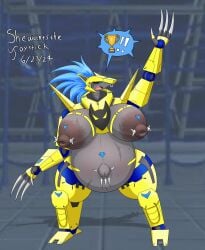 1girls 2024 4_fingers areolar_amelanism areolar_melanosis armor armor_plates armored_female artist_name ball_joints belly_markings big_nipples blue_eyes blue_hair blue_highlights bluesky_link blush breast_markings breasts breasts_on_belly cat_ears cat_girl chevron_(marking) clawed_fingers dark_nipples dark_sclera dated emoji exposed_belly exposed_breasts eyelashes fall) fanart female furaffinity_link game_background grey_body huge_areolae huge_belly huge_breasts insignia jaguar_(one_must_fall) jaguar_ears living_machine long_hair mecha mechanical must navel navel_pendant navel_piercing navel_ring neck_armor newgrounds_link nipple_barbell nipple_piercing nipples nose_ring oerba_yun_fang one_arm_up one_must_fall:_2097 open_mouth piercing popped_navel pregnant pregnant_anthro pregnant_female robot robot_girl sagging_breasts scar_on_belly scar_on_breasts scars shewantsthejoystick shoulder_spikes slit_pupils solo thick_thighs triangle_(marking) victory_pose watermark wild_hair yelling yellow_armor