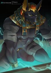 2022 abs absurd_res anthro anubian_jackal anubis biceps big_penis black_body black_fur black_nipples canid canine canis censored clothing colored deity egyptian egyptian_clothing egyptian_headdress egyptian_mythology fur genitals hi_res humanoid_genitalia humanoid_penis jackal male mammal middle_eastern_mythology mosaic_censorship muscular muscular_anthro muscular_male muscular_thighs mythology nipple_piercing nipples patreon pecs penis piercing saury_(artist) signature solo thigh_wrap