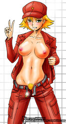 1girls 2006 advance_wars belt big_breasts blonde_hair blush breasts female female_pubic_hair green_eyes grin hat highres john_joseco military military_uniform mound_of_venus navel nintendo nipples no_bra no_panties open_clothes open_fly open_shirt pants pubic_hair rachel_(advance_wars) shirt short_hair smile smiling solo star uniform unshaved_pussy unzipped v watermark