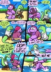 amphibian anthro balls bodily_fluids book clothed clothed_anthro clothed_male clothing comic common_hippopotamus cravat dialogue duo english_text fish_hook fishing fishing_rod genitals green_body henry_hippo_(theenfman) hi_res hippopotamid hook island kerchief log male mammal partially_clothed_anthro partially_clothed_male penis pubes purple_body rock salamander salvador_salamander sea shorts_removed speech_bubble sweat teeth text theenfman water wood