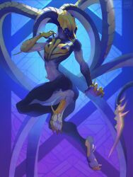 absurd_res ansart anthro armor athletic athletic_anthro feet female flexible genitals headgear helmet hi_res khanivore open_mouth purple_body pussy slim small_waist solo tentacle vulva