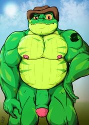 amphibian anthro arm_tattoo balls belly big_muscles big_pecs blue_sky clothing frog front_view genitals glans green_body hat headgear headwear hi_res leaf light_green_belly lily_pad looking_at_viewer male male_only markings musclegut muscular muscular_male nipples orange_eyes pecs penis plant pose simple_background sky slightly_chubby solo standing tattoo vein veiny_penis yongaero