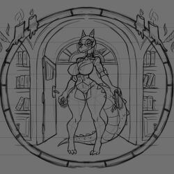 arsfromnowhere_(artist) big_breasts breasts curvy female furry gigantic_breasts glasses horns huge_breasts lizard lizard_girl lizard_humanoid lizard_tail monster_girl sketch tail thick wide_hips