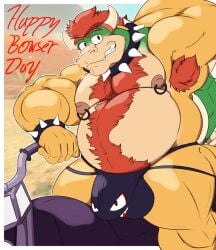 anthro bara biker bowser bowser_day clothed clothing collar hair hairy_body horn hyper incrediblecrocodile jockstrap koopa male mammal mario_bros motorcycle muscular muscular_male nintendo nipples scalie solo spikes teeth underwear vehicle yaoi