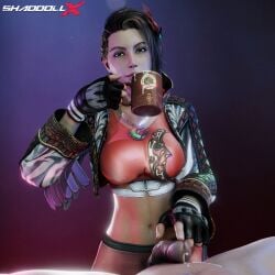 1boy 1girls 3d 3d_(artwork) 3d_render absurd_res after_orgasm after_sex azucena_milagros_ortiz_castillo coffee coffee_mug cum cum_drinking cum_drip defeated drinking drinking_cum ejaculation female high_quality high_resolution highres looking_at_viewer male namco penis red_pants shaddoll_x tekken tekken_8 touching_penis