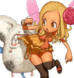 >_< anklet bike_shorts blonde_hair boyshorts bracelet brown_eyes cameltoe clothing dark_skin dragon_quest dragon_quest_ix dress erect_nipples erect_nipples_under_clothes fairy female flower gyaru jewelry maagori medium_breasts monster necklace open_mouth ring sandy_(dq9) shorts simple_background stockings sweat teeny_sanguini teeth thighhighs white_background wings