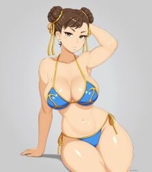 1girls arm_up asian asian_female bangs big_breasts bikini blue_bikini breasts brown_eyes brown_hair capcom chinese chinese_female chun-li cleavage deep_cleavage double_bun earrings eyelashes female gold_bikini grey_background hair_bun hair_ribbon hands_behind_head hcitrus hips light-skinned_female light_skin looking_at_viewer mature_female milf navel overflowing_breasts sideboob simple_background sitting street_fighter street_fighter_6 thick_thighs toned_female twin_buns watermark wide_hips