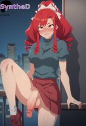 1futa a_rank_party_o_ridatsu_shita_ore_wa_moto_oshiego-tachi_to_meikyuu_shinbu_o_mezasu ai_generated artist_name artist_signature balls blush breasts drill_hair futa_sans_pussy futanari hi_res high_resolution highres i_left_my_a-rank_party_to_help_my_former_students_reach_the_dungeon_depths intersex long_hair looking_at_viewer marina_(aparida) miniskirt no_panties outdoors patreon penis red_hair shoes skirt socks solo synthed teeth testicles uncensored veins veiny_penis white_socks