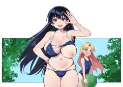 2girls :d absurdres accidental_exposure angry angry_expression angry_face bairimeng barely_contained barely_contained_breasts beach_ball bikini bikini_top_lift black_hair blonde_hair blue_bikini blue_one-piece_swimsuit blush breasts clothes_lift commentary_request earrings female female_focus female_only gluteal_fold green_eyes highres jealous jewelry large_breasts long_hair looking_at_viewer nagi_arato navel nipple_slip one-piece_swimsuit one_breast_out open_mouth outdoors ruri_no_houseki ruri_rocks smile swimsuit tanigawa_ruri two-piece_swimsuit very_long_hair voluptuous voluptuous_female wardrobe_malfunction waving wet