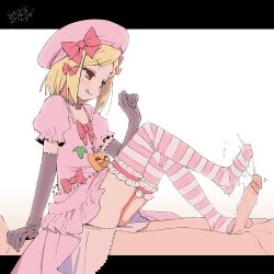 1boy black_gloves blonde_hair bow bowtie brown_eyes cum cumshot dress ejaculation elbow_gloves erection female footjob from_side gloves hairbow hat highres horizontal-striped_thighhighs lambdadelta male no_shoes penis pink_dress pink_hat pink_thighhighs projectile_cum puffy_short_sleeves puffy_sleeves red_bow red_bowtie short_sleeves sitting smile solo_focus straight thighhighs umineko_no_naku_koro_ni uncensored white_thighhighs youyueyue