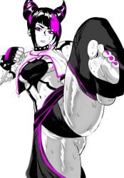 2d 2d_(artwork) black_and_white black_hair breasts feet feet_focus feet_up foot_fetish foot_focus foot_worship greyscale highlights highlights_(coloring) juri_han large_breasts monochrome neon painted_nails painted_toenails panties pantyshot pink_hair purple_eyes shaded shiny shiny_hair shiny_skin soles sweat sweatdrop sweating toes