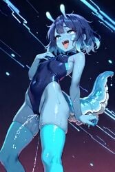 ahe_gao ai ai_generated antennae ass belly bellybutton bioluminescence bioluminescent blue_skin brat bratty_expression bratty_smile breasts eyebrows eyelashes facialmark fat_tail female female_fapping femalefocus femaleonly flat_female freckles frombelow hand_on_crotch highleg_leotard holding_breasts legs leotard messy_hair monster_girl moyo_(rimworld) petite pointy_breasts revealing_outfit rimworld screaming see-trough_clothes skinny slim sluggirl small_ass small_breasts squirting thickthighs thighs tight_clothes tongueout very_highleg wet