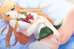 blue_eyes masturbation orange_hair panzermadels pearls pussy ribbon shy smooth wet