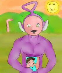 antenna bent_penis fellatio flexing green_eyes male_only oral periscope purple_fur tagme teletubbies tinky_winky what