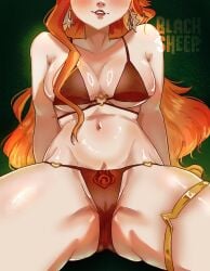 1girls ass_visible_through_thighs big_ass big_thighs bikini bikini_bottom bikini_top blacksheepdraws breasts bubble_ass bubble_butt camel_toe cameltoe cleavage fanart fat_ass female genshin_impact huge_ass huge_butt huge_thighs legs_apart legs_spread legs_up mavuika_(genshin_impact) medium_breasts pinup pussy spread_legs spreading thick_ass thick_legs thick_thighs thunder_thighs thunderthighs