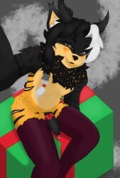 aleph_(cayenne_arts) anthro arthropod balls black_hair bobcat bodily_fluids braided_hair cayenne_arts christmas clothing ear_tuft felid feline fluffy freckles genital_fluids genitals gift grey_hair hair half-erect hi_res high-angle_view holding_viewer holidays hybrid insects legwear lepidopteran looking_at_viewer lynx male mammal moth neck_tuft nonbinary_(lore) penis precum ribbons simple_background sitting solo stockings thick_thighs thigh_highs tongue tuft