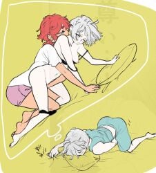 2girls 5kawa8gi black_bra black_panties bra female_masturbation fingering grey_hair gundam gundam_suisei_no_majo imagining masturbation miorine_rembran multiple_girls nipples pajamas panties panties_around_one_leg red_hair short_shorts shorts speech_bubble strap_slip suletta_mercury thought_bubble underwear yuri