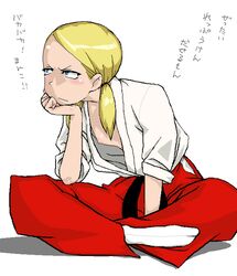 beige_skin blonde_hair clothes color crossed_legs fatal_fury female female_only flat_chest front_view geese_howard hair human japanese_text king_of_fighters open_clothes open_eyes round_ears rule_63 sitting snk solo text translation_request white_background