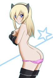 anime_style ass big_eyes blonde_hair blue_eyes breast_hold breasts clothing covering_breasts druaga_no_tou fatina female female_only looking_aside looking_at_viewer medium_hair mostly_nude outline pale_skin panties pink_panties pointy_chin solo sora_(aki00) standing star stockings the_aegis_of_uruk thighhighs underwear white_background