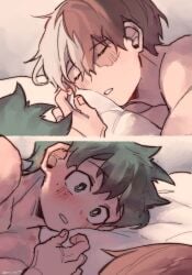 2koma :o blush boku_no_hero_academia curly_hair freckles green_eyes hickey_marks izuku_midoriya male_only midoriya_izuku my_hero_academia nude on_bed pillow red_hair runi_1225 scar shouto_todoroki sleeping todoroki_shoto two-tone_hair white_hair