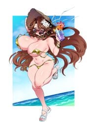 1girls asakoto_f belly_button bikini blush breasts brown_hair cocktail drink drinking_glass embarrassed feet female flowers_in_hair funny gold_bikini hat hespera_(vtuber) huge_breasts humor nose_blush oops open_mouth outdoors retro_♡_mantique shoes straw sun_hat sunglasses surprised swimsuit wardrobe_malfunction water whoops yellow_eyes