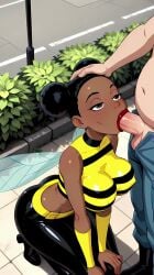 1boy 1boy1girl 1girl1boy 1girls 2d ai_generated ai_video animated big_breasts black_hair black_pants blowjob breasts brown_eyes bumblebee_(dc) dark-skinned_ dark_hair dark_skin dc dc_comics deepthroat fellatio female hair_bun hair_buns hand_on_head head_grab jiggle jiggling jiggling_breasts karen_beecher looking_at_another looking_at_partner looking_up munamauno no_sound on_knees red_lips striped_clothing tagme teen_titans throat_fuck ugly_bastard video wings