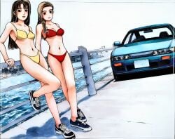2girls absurdres arm_support bikini bra breasts brown_eyes brown_hair car casual cityscape cleavage converse crossed_legs day dutch_angle female_focus fence hair_over_shoulder highres initial_d jewelry large_breasts leaning_back leg_lift legs lips long_hair looking_at_viewer medium_breasts motor_vehicle multiple_girls nissan nissan_sileighty no_socks outdoors parted_bangs railing red_bikini right-hand_drive ring satou_mako sayuki sayuki_(initial_d) shadow shigeno_shuuichi shoes side_slit sil-eighty sky sneakers standing standing_on_one_leg star_(symbol) star_print swept_bangs swimsuit third-party_edit underwear water wavy_hair yellow_bikini